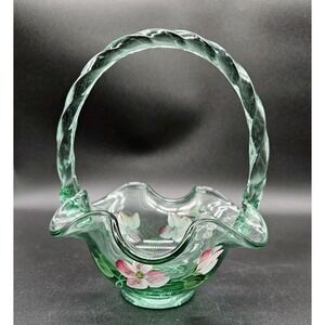 Vintage Hand Painted Fenton Glass Basket Signed Green With Flowers